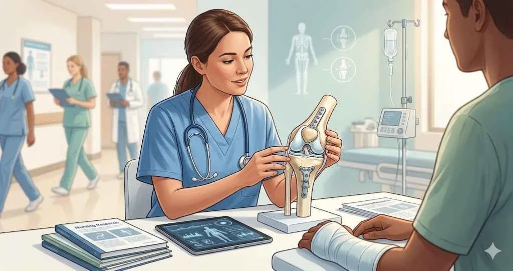 An orthopaedic nurse in scrubs sitting at a desk and pointing to a model of a human knee joint while speaking with a patient wearing a wrist brace in a hospital clinic setting