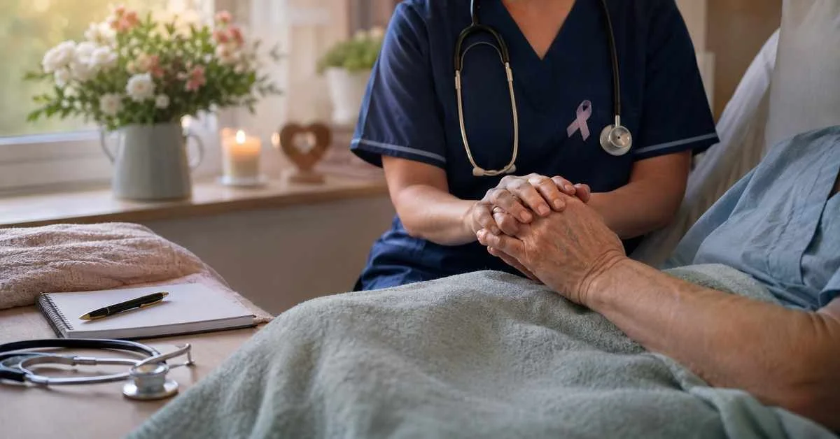 Palliative care nurse holding an elderly patient’s hand in a calm hospice care setting