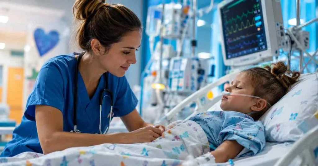 Pediatric intensive care nurse caring for a young patient in a modern ICU hospital room with monitoring equipment