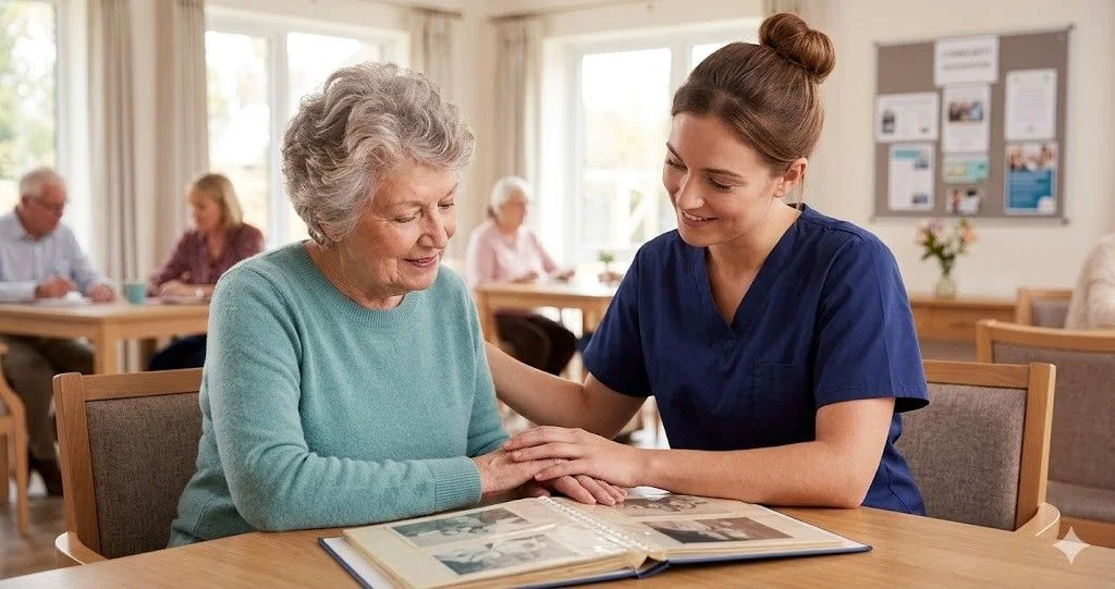 A female nurse in blue scrubs sits at a wooden table supporting an elderly woman as they look through a photo album in a bright care home setting.