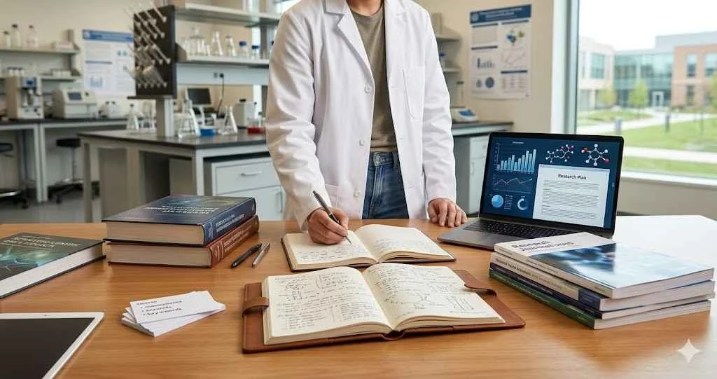 A researcher in a white lab coat taking notes at a wooden desk surrounded by pharmacy textbooks, open journals, and a laptop displaying data charts in a modern pharmaceutical science laboratory.