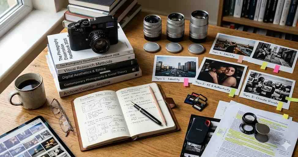 A creative overhead workspace with a camera, research books, an open journal with handwritten notes, printed photographs labeled by topic, and a digital tablet on a wooden desk.