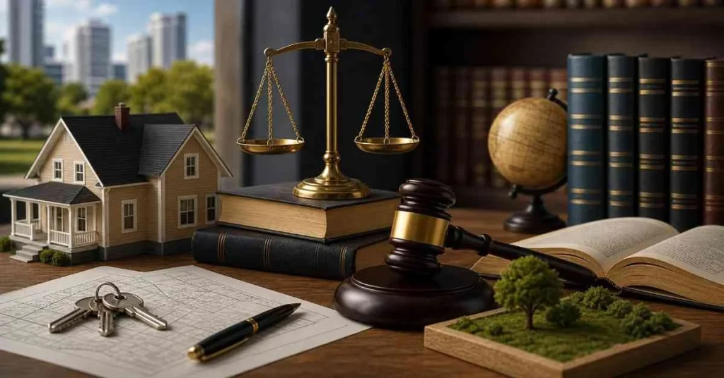 A wooden desk featuring real estate law elements including a house model, keys on a property blueprint, a judge's gavel, brass scales of justice, and open law books.