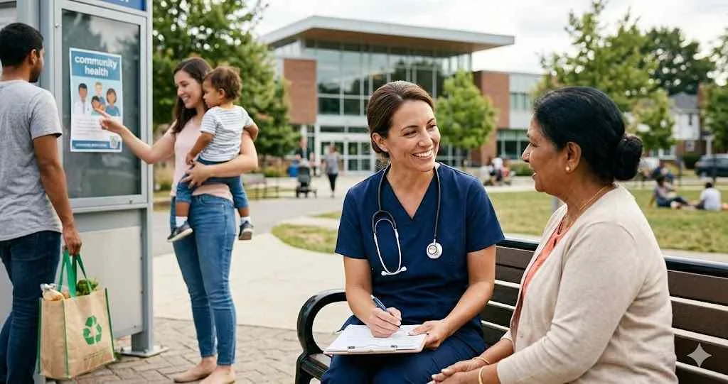 A smiling nurse on a bench talking to a patient, with a mother and child nearby reading a health poster.