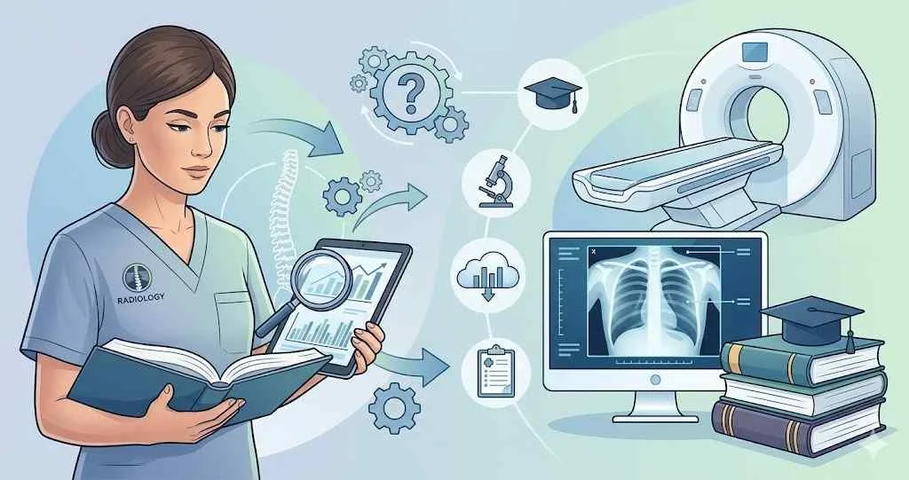 A vector illustration of a radiology nurse holding a book and tablet. Research icons, an MRI scanner, a chest X-ray on a monitor, and a stack of academic books symbolize dissertation topics and academic study.