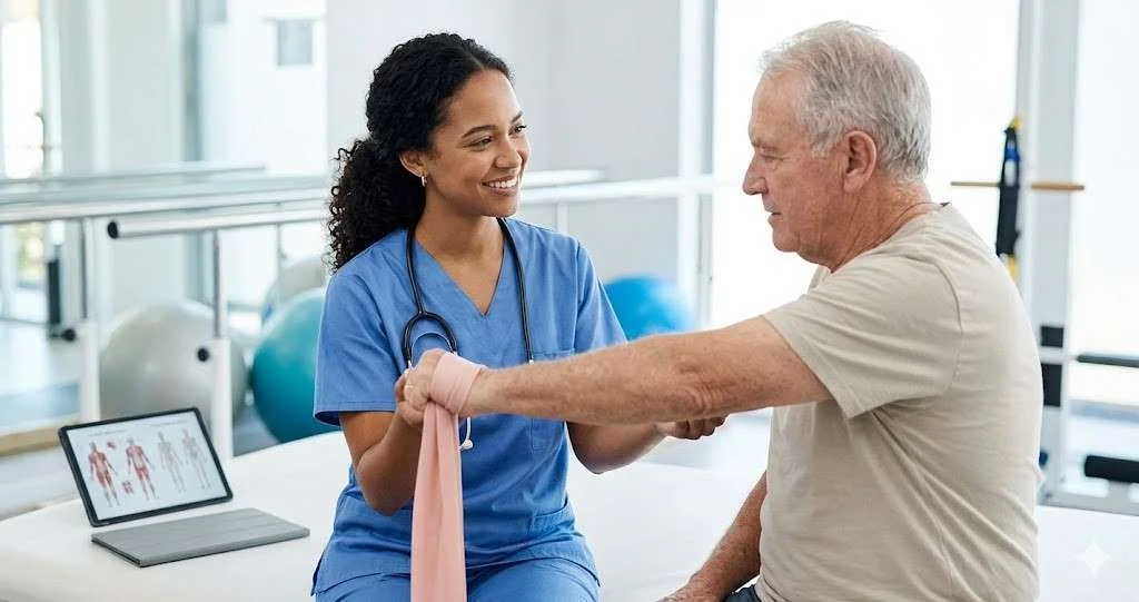 A rehabilitation nurse in blue scrubs guides an elderly man through hand resistance band exercises in a bright clinic setting with rehab equipment in the background.