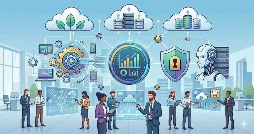 A diverse group of professionals in a modern office interacting with digital interfaces representing cloud computing, cybersecurity, data analytics, and artificial intelligence.