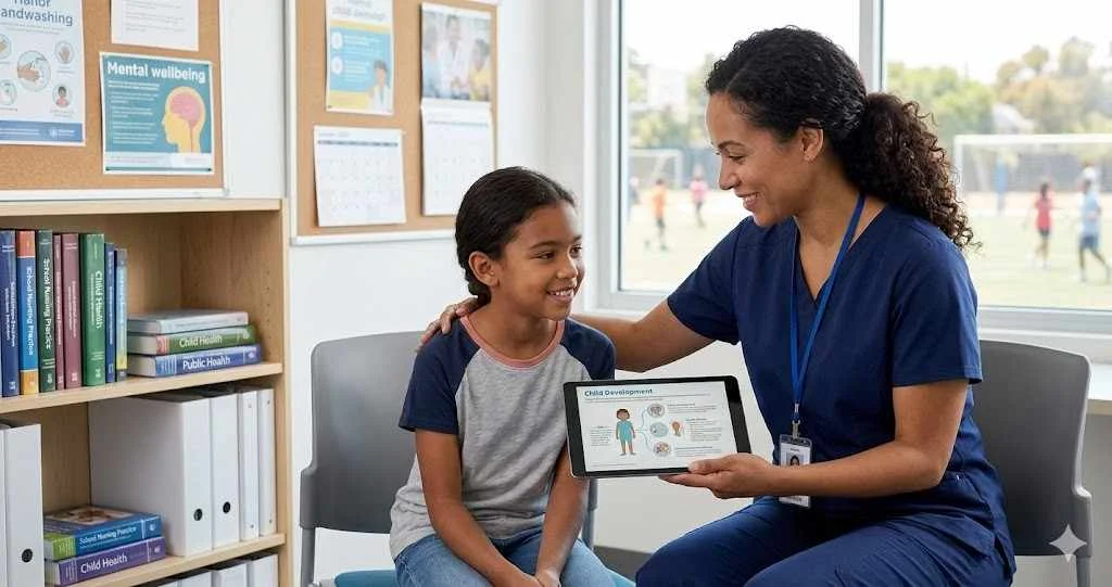 A school nurse in blue scrubs showing a child health development infographic on a tablet to a smiling young student in a school clinic.