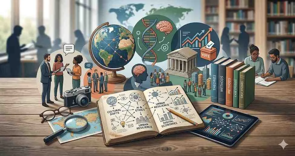 A conceptual 3D illustration of social science research themes featuring an open journal with notes on AI ethics and urban resilience surrounded by symbols of sociology psychology and political science in a library setting.