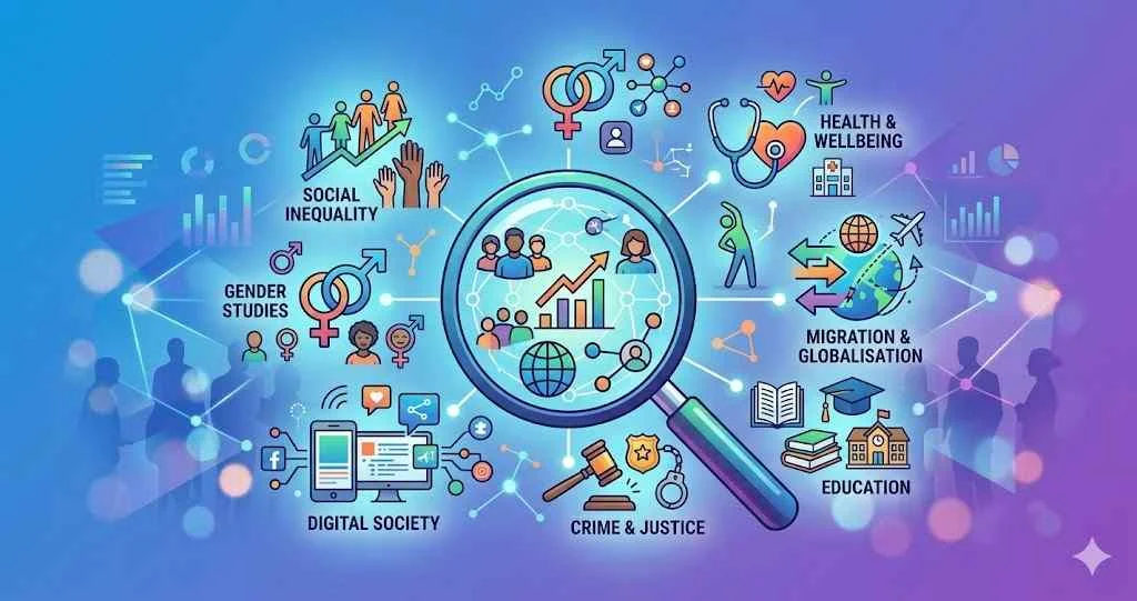 A professional conceptual illustration for sociology research featuring icons for social inequality gender studies digital society crime justice migration and education connected by a central magnifying glass on a blue gradient background