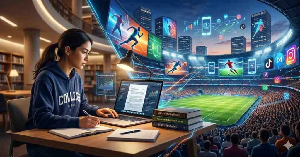 Female student working on a laptop in a library with a conceptual overlay of a packed football stadium, social media icons, and sports marketing textbooks.