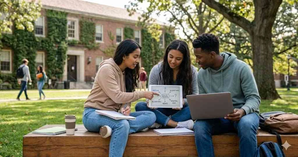 A diverse group of three college students brainstorming communication topics on a laptop and tablet on a university campus green.