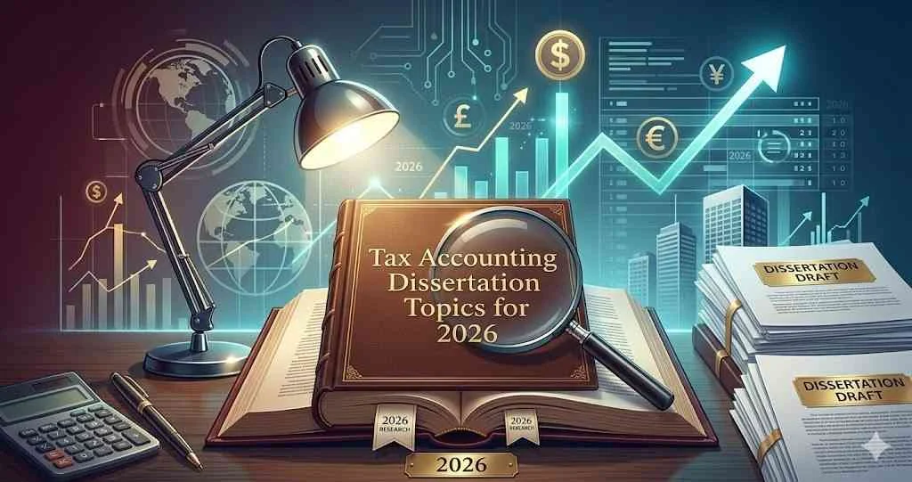 An open academic book titled 'Tax Accounting Dissertation Topics for 2026' with a magnifying glass on top. A desk lamp, calculator, globe, and data charts are in the background, set on a wooden desk. Stacks of paper labeled 'DISSERTATION DRAFT' are next to the book.