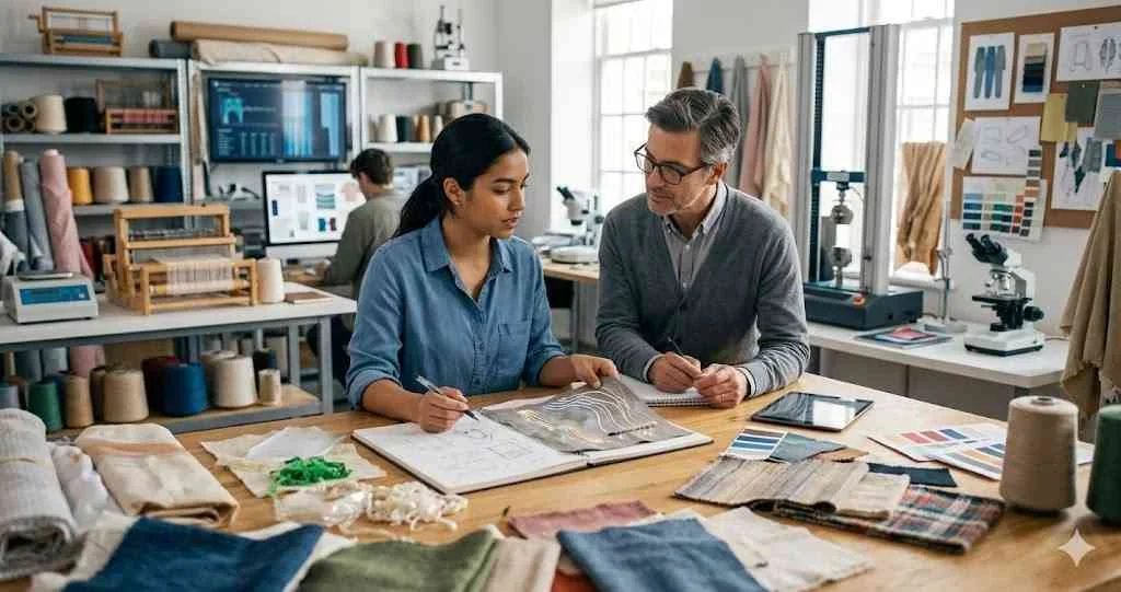 A university student and academic supervisor reviewing smart textile samples and research notes in a textile engineering lab.