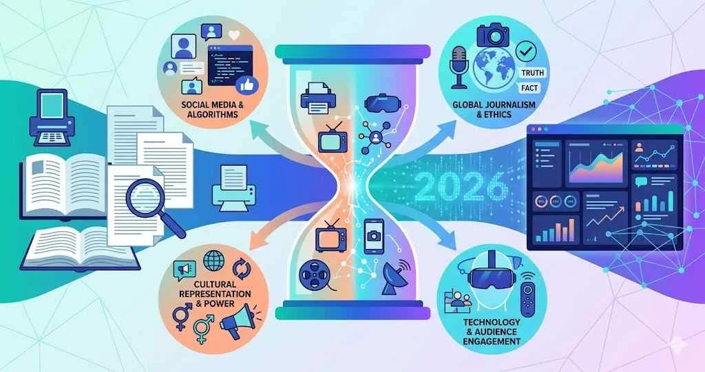 Infographic for media studies dissertation topics showing a modern hourglass surrounded by four distinct research streams social media journalism cultural representation and new technology 2026