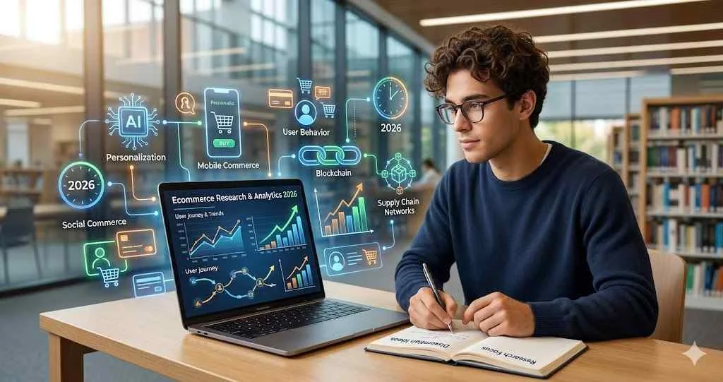 A student researching future ecommerce trends with a holographic display showing data about AI and blockchain.