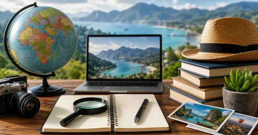 Travel and tourism research workspace with globe, laptop, books, camera, notebook, and scenic coastal background representing tourism dissertation topics and academic research for 2026.