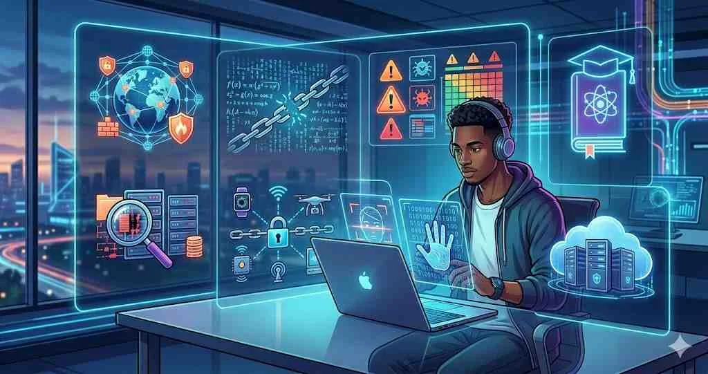 A student researcher interacting with glowing blue holographic displays that visualize various cybersecurity fields including IoT network security and digital forensics.