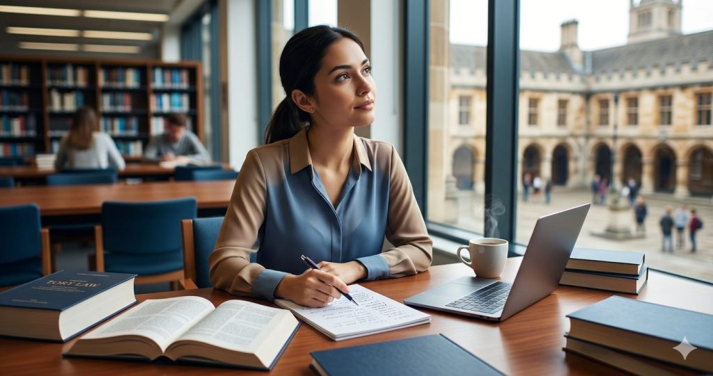 A stylized digital photograph of a modern law student sitting in a university library, thoughtfully considering research directions. The student, wearing a professional blouse, is seated at a polished wood table covered in textbooks, an open tort law casebook, a laptop, and a notepad. She holds a pen to her lips, gazing out a large window that overlooks a bustling, historical campus courtyard, representing the thoughtful process of finding a dissertation topic. The image features soft natural light, warm modern blues, and earth tones.