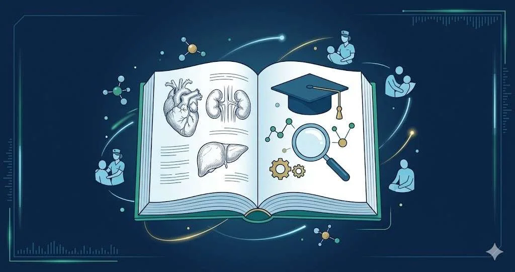 An illustration of an open medical textbook showing organ drawings academic symbols and nursing icons representing transplant research.