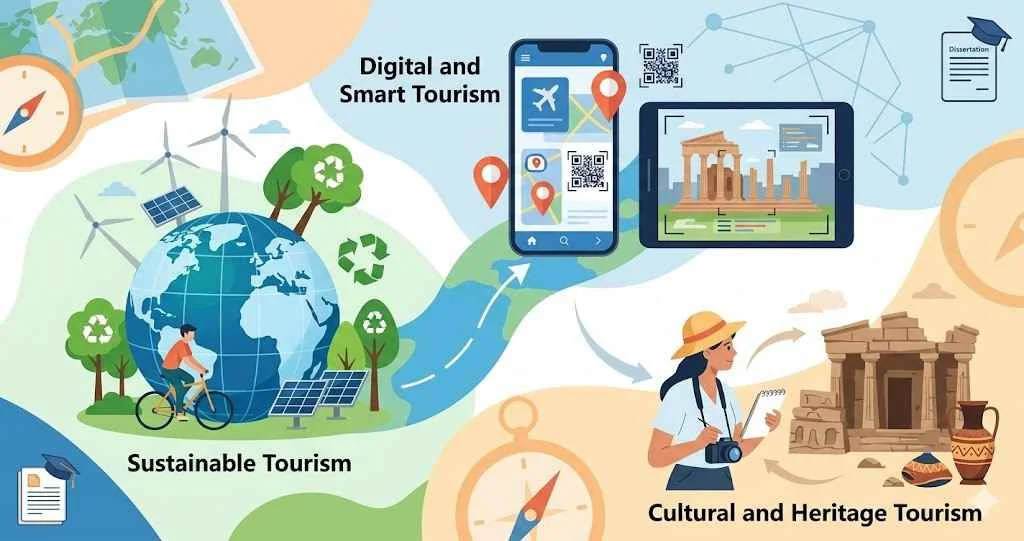 Illustration highlighting key research areas for travel and tourism dissertations. It features three interconnected icons representing sustainable tourism, digital and smart tourism, and cultural and heritage tourism. The art style is flat with soft colors, maps, and navigational symbols.