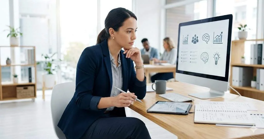 A focused professional woman sitting at an office desk with a large computer monitor displaying abstract charts and data insights, suitable for representing Business Psychology dissertation topics.