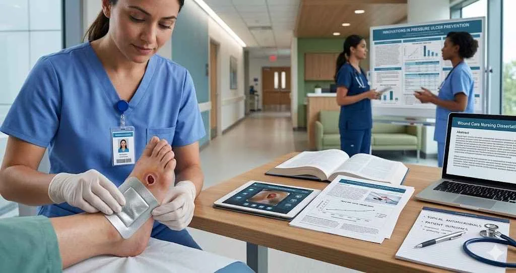A nurse in blue scrubs applying a specialized dressing to a diabetic foot ulcer alongside a desk with a laptop, medical textbooks, and research papers on antimicrobial stewardship and patient outcomes.