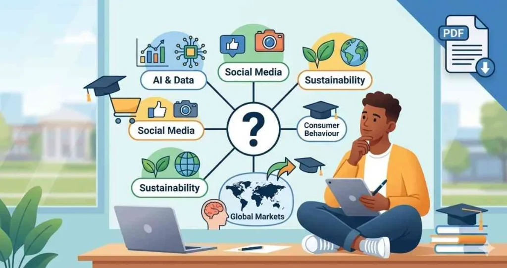 A male student sitting cross-legged on a desk with a tablet, brainstorming thesis research ideas from a mind map featuring AI and Data, Social Media, Sustainability, Consumer Behaviour, and Global Markets.