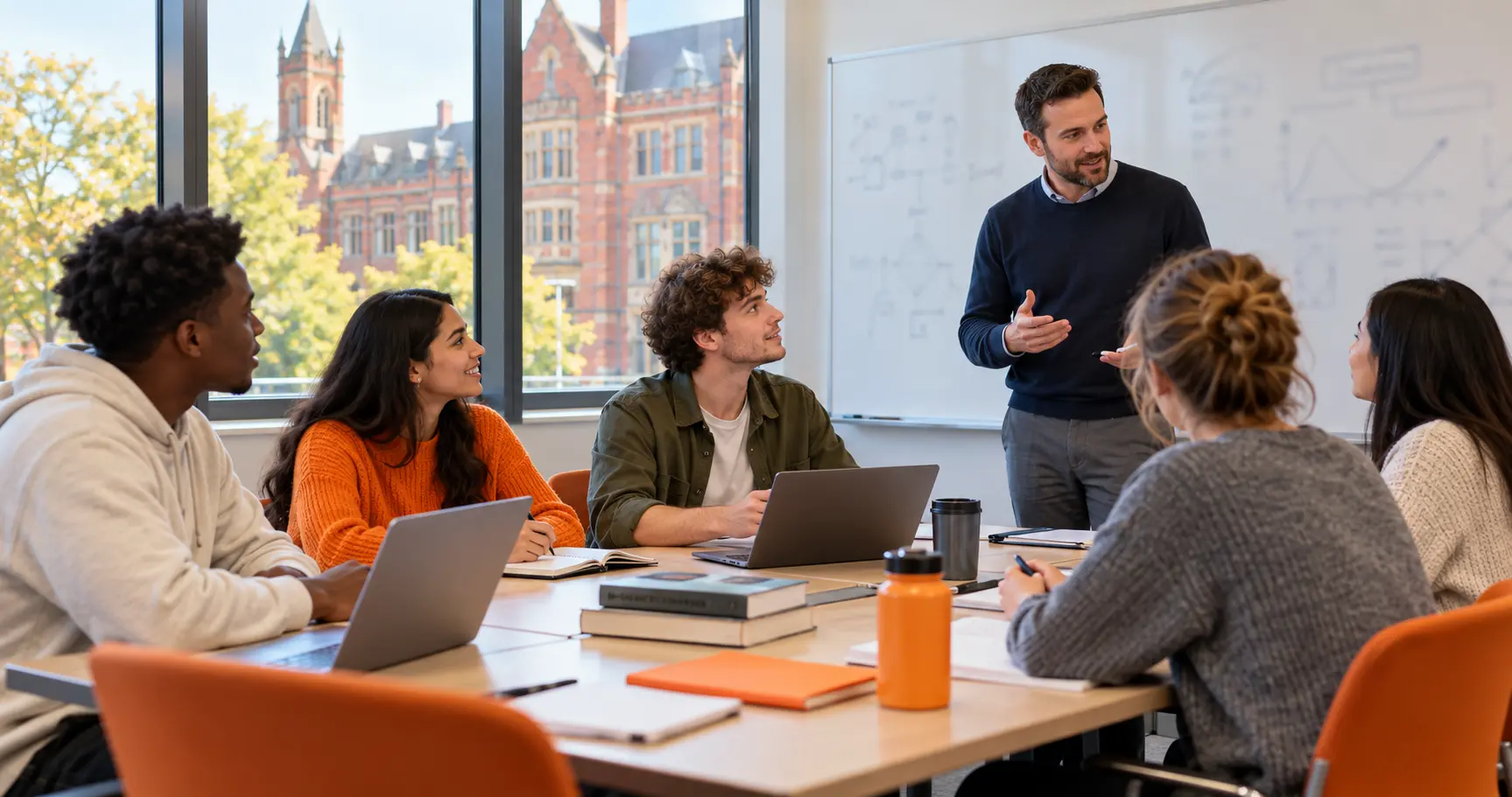 Students in a collaborative university seminar discussion, made with generative AI