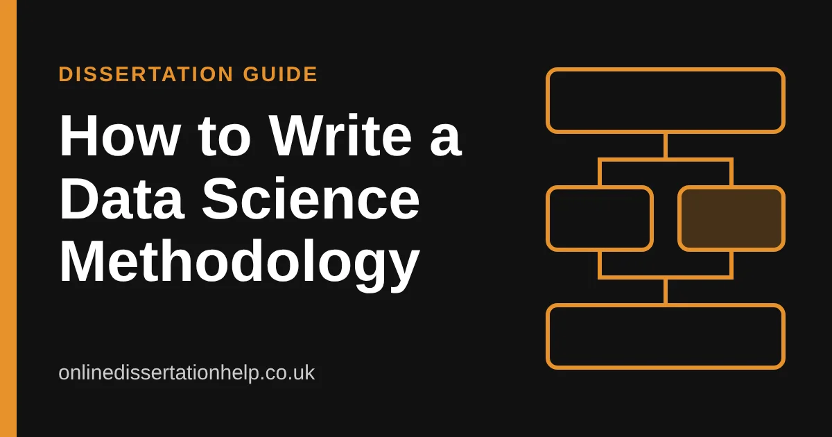 Orange and black graphic titled How to Write a Data Science Methodology with a simple flowchart